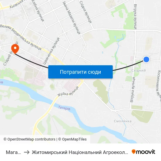 Магазин Берізка to Житомирський Національний Агроекологічний Університет / Zhytomyr National Agroecological University map