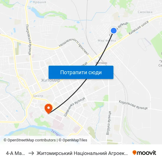 4-А Мар'Янівська Лінія to Житомирський Національний Агроекологічний Університет / Zhytomyr National Agroecological University map
