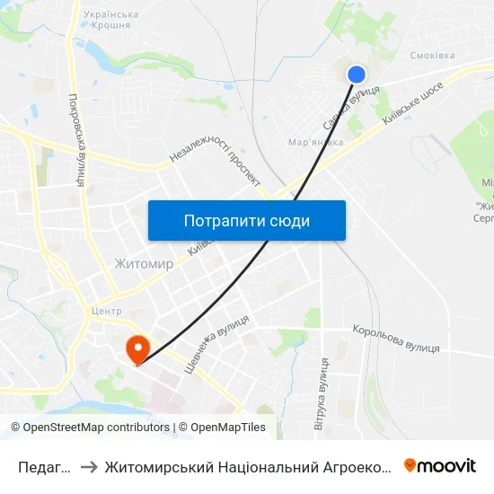 Педагогічний Ліцей to Житомирський Національний Агроекологічний Університет / Zhytomyr National Agroecological University map