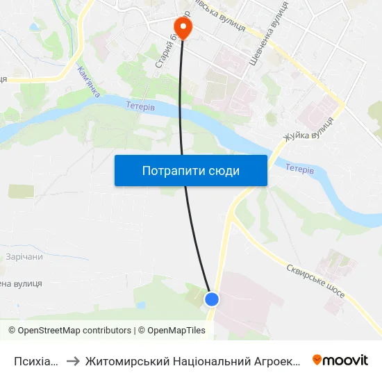 Психіатрична Лікарня to Житомирський Національний Агроекологічний Університет / Zhytomyr National Agroecological University map