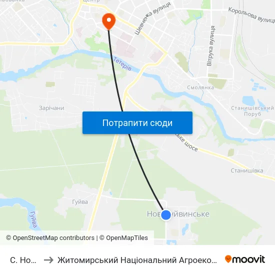 С. Новогуйвинське to Житомирський Національний Агроекологічний Університет / Zhytomyr National Agroecological University map