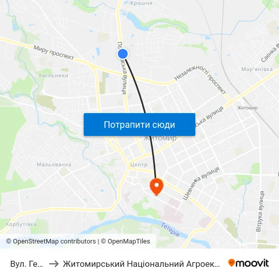 Вул. Героїв Чорнобиля to Житомирський Національний Агроекологічний Університет / Zhytomyr National Agroecological University map