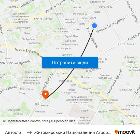 Автостанція Житній Ринок to Житомирський Національний Агроекологічний Університет / Zhytomyr National Agroecological University map