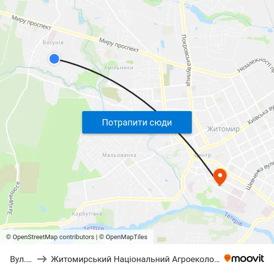 Вул. Бондарна to Житомирський Національний Агроекологічний Університет / Zhytomyr National Agroecological University map