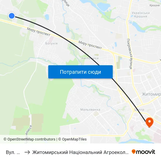 Вул. Агрономічна to Житомирський Національний Агроекологічний Університет / Zhytomyr National Agroecological University map