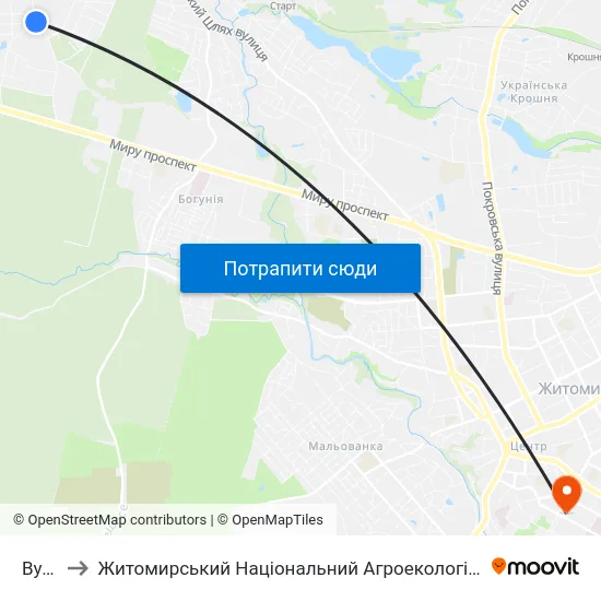 Вул. Сінна to Житомирський Національний Агроекологічний Університет / Zhytomyr National Agroecological University map