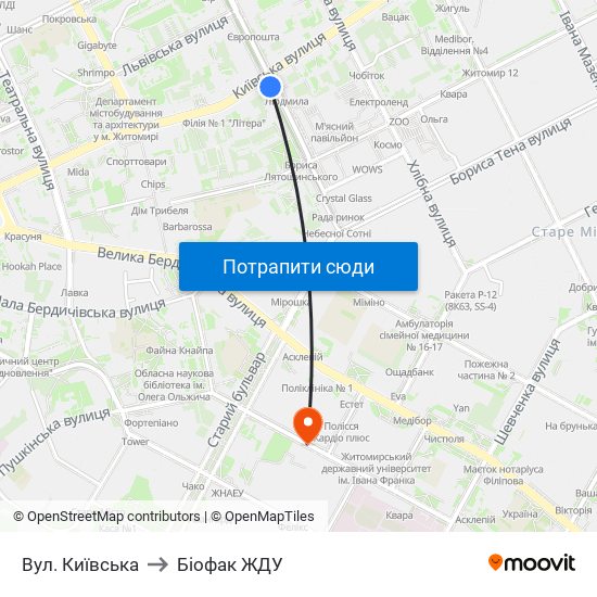 Вул. Київська to Біофак ЖДУ map