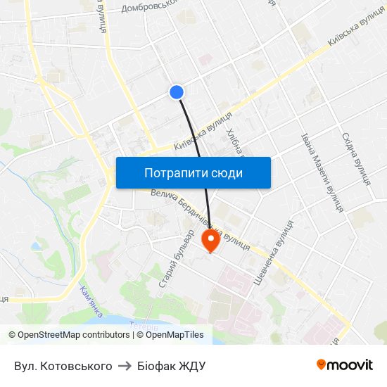 Вул. Котовського to Біофак ЖДУ map