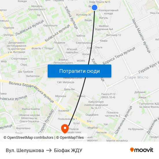 Вул. Шелушкова to Біофак ЖДУ map