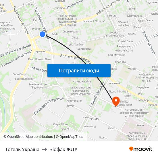 Готель Україна to Біофак ЖДУ map