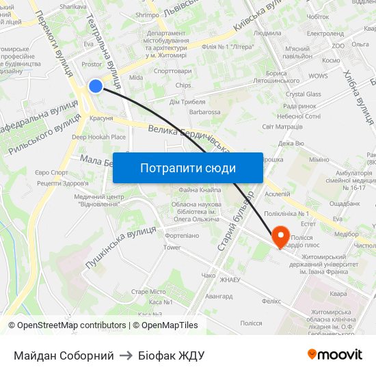 Майдан Соборний to Біофак ЖДУ map