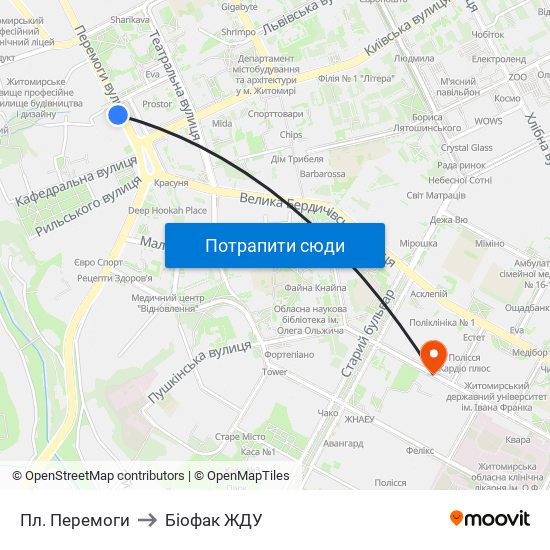 Пл. Перемоги to Біофак ЖДУ map