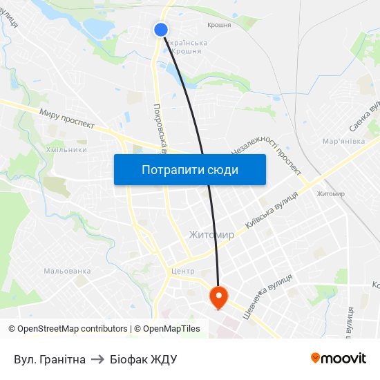 Вул. Гранітна to Біофак ЖДУ map