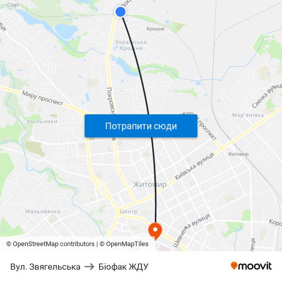 Вул. Звягельська to Біофак ЖДУ map