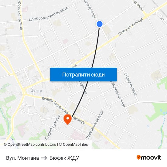 Вул. Монтана to Біофак ЖДУ map