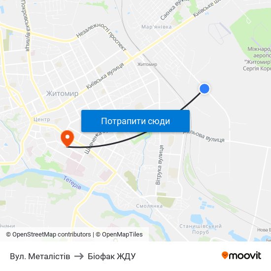 Вул. Металістів to Біофак ЖДУ map