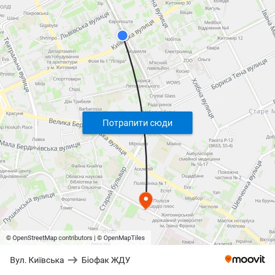 Вул. Київська to Біофак ЖДУ map