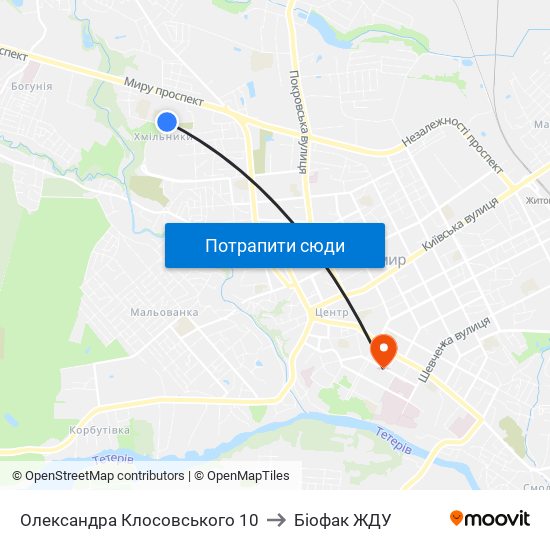 Олександра Клосовського 10 to Біофак ЖДУ map