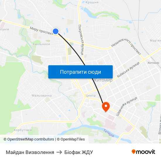 Майдан Визволення to Біофак ЖДУ map