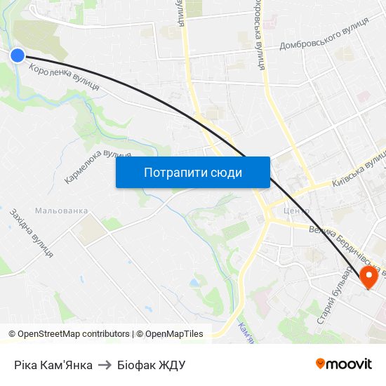 Ріка Кам'Янка to Біофак ЖДУ map