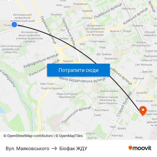 Вул. Маяковського to Біофак ЖДУ map