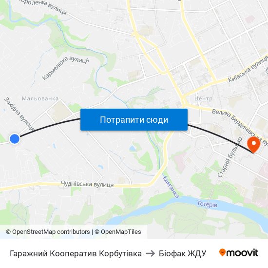 Гаражний Кооператив Корбутівка to Біофак ЖДУ map