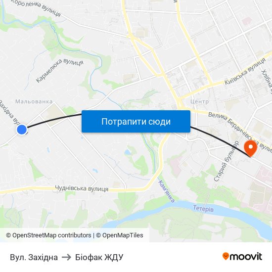 Вул. Західна to Біофак ЖДУ map