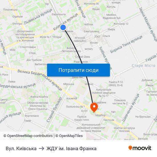 Вул. Київська to ЖДУ ім. Івана Франка map