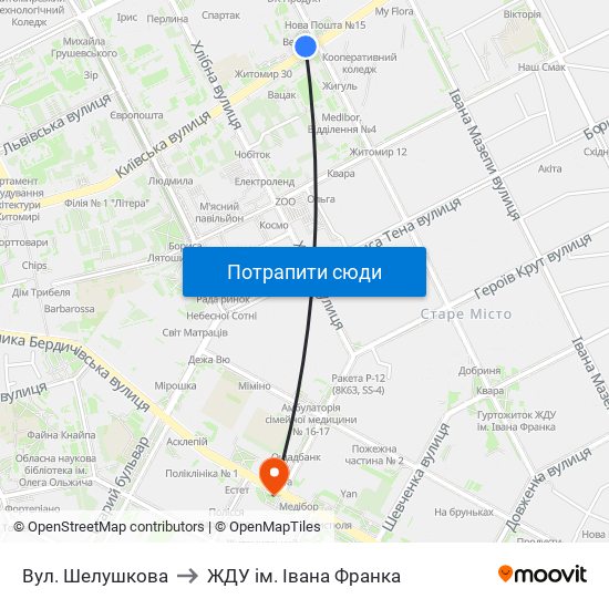 Вул. Шелушкова to ЖДУ ім. Івана Франка map