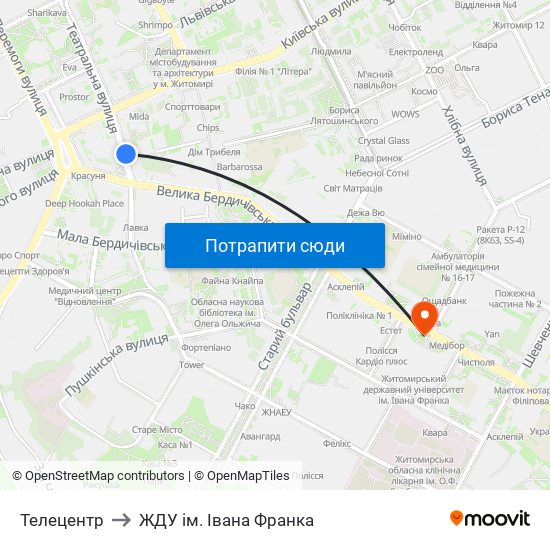 Телецентр to ЖДУ ім. Івана Франка map