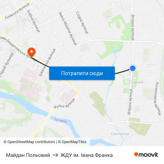 Майдан Польовий to ЖДУ ім. Івана Франка map