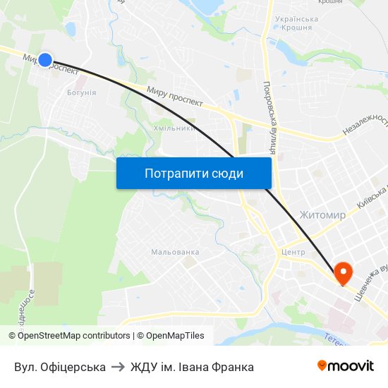 Вул. Офіцерська to ЖДУ ім. Івана Франка map