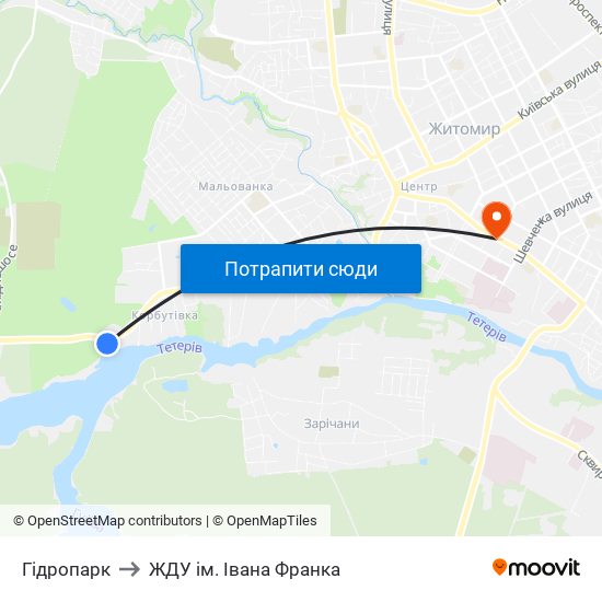 Гідропарк to ЖДУ ім. Івана Франка map