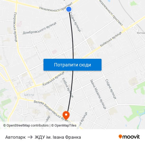 Автопарк to ЖДУ ім. Івана Франка map