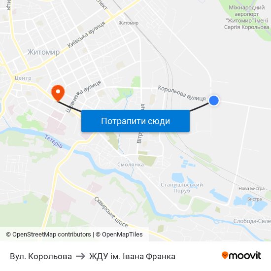 Вул. Корольова to ЖДУ ім. Івана Франка map
