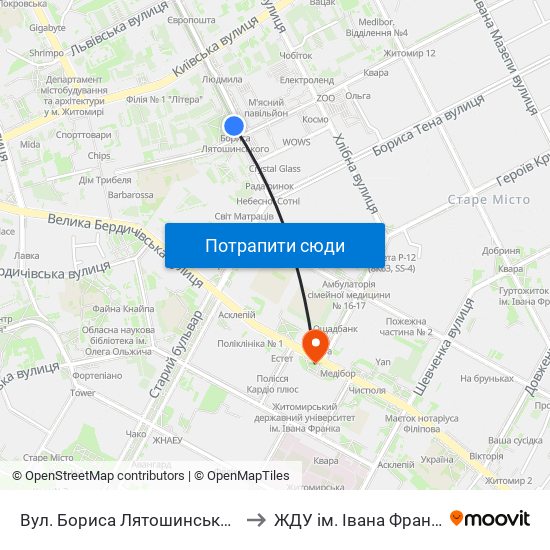 Вул. Бориса Лятошинського to ЖДУ ім. Івана Франка map