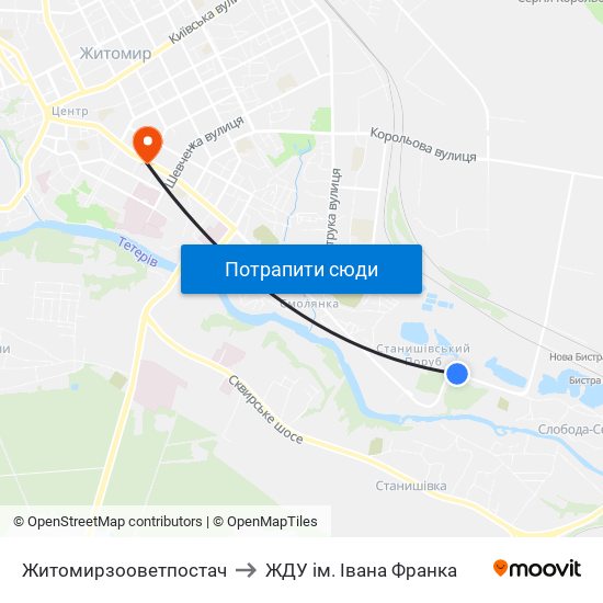 Житомирзооветпостач to ЖДУ ім. Івана Франка map