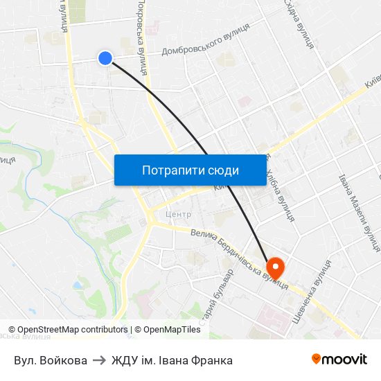 Вул. Войкова to ЖДУ ім. Івана Франка map