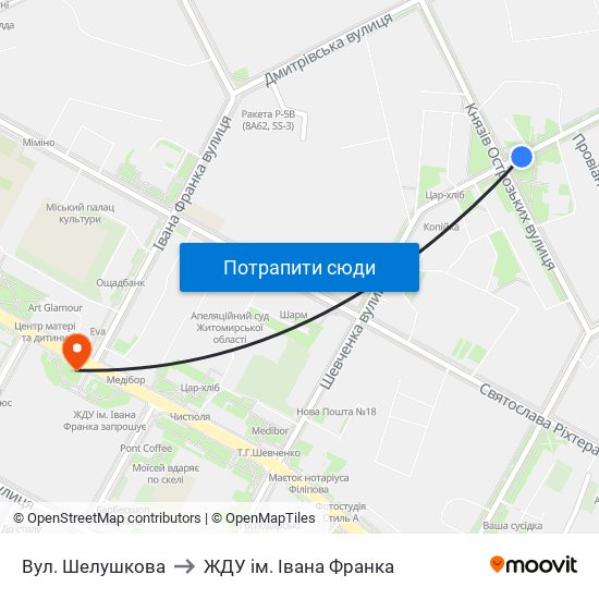 Вул. Шелушкова to ЖДУ ім. Івана Франка map