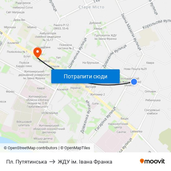 Пл. Путятинська to ЖДУ ім. Івана Франка map