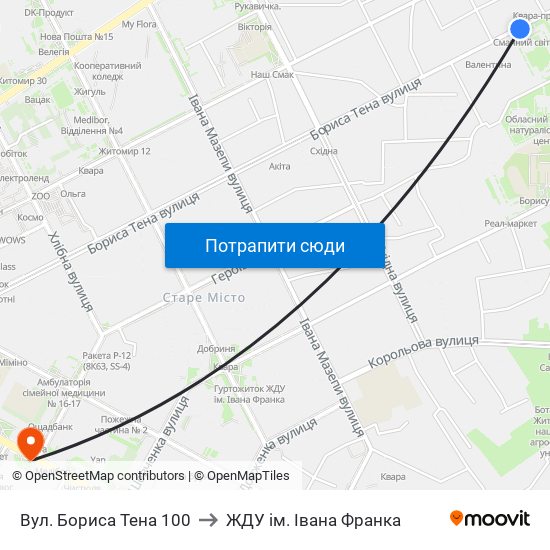 Вул. Бориса Тена 100 to ЖДУ ім. Івана Франка map
