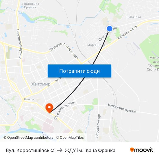 Вул. Коростишівська to ЖДУ ім. Івана Франка map