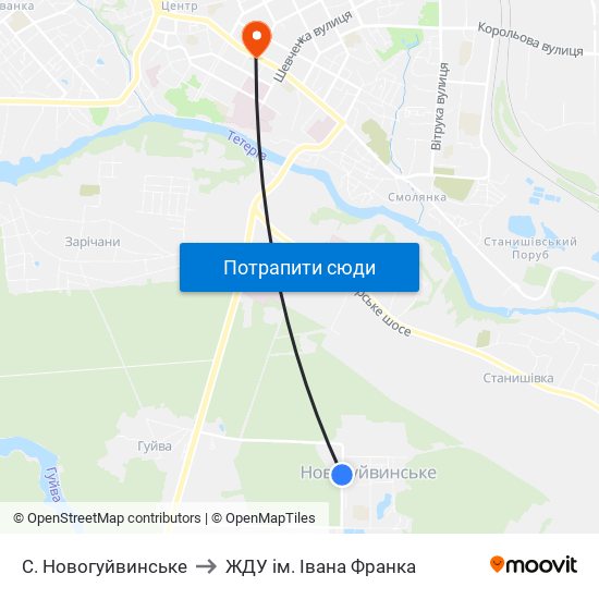 С. Новогуйвинське to ЖДУ ім. Івана Франка map