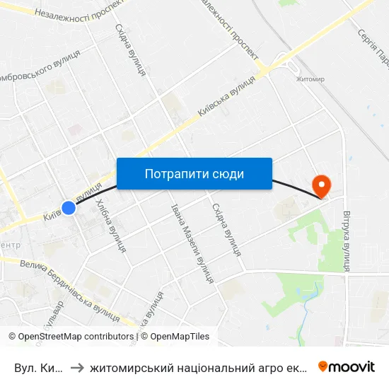 Вул. Київська to житомирський національний агро екологічний університет map