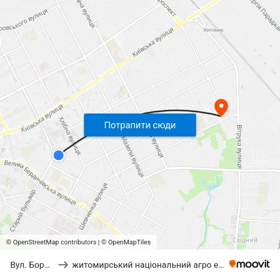 Вул. Бориса Тена to житомирський національний агро екологічний університет map