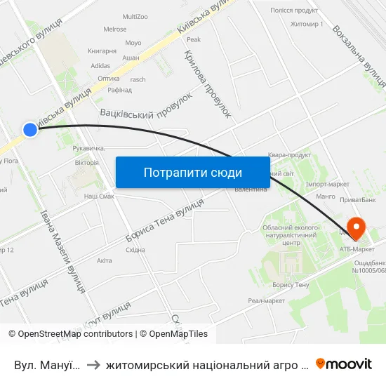 Вул. Мануїльського to житомирський національний агро екологічний університет map