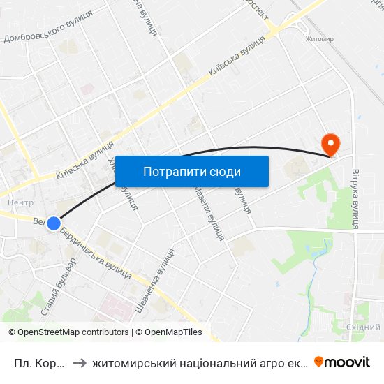 Пл. Корольова to житомирський національний агро екологічний університет map