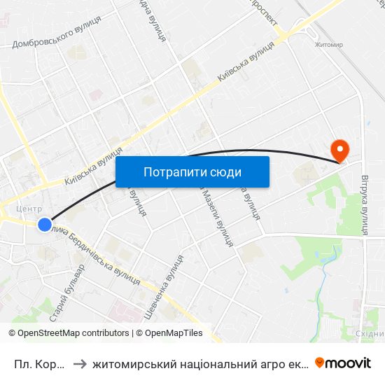 Пл. Корольова to житомирський національний агро екологічний університет map