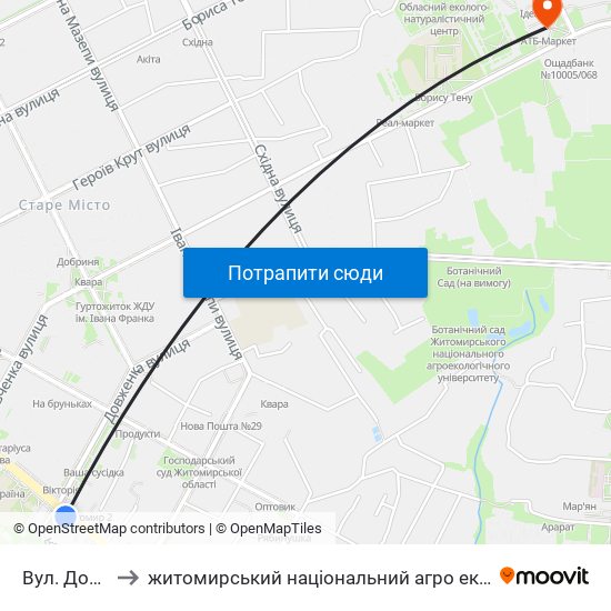 Вул. Довженка to житомирський національний агро екологічний університет map