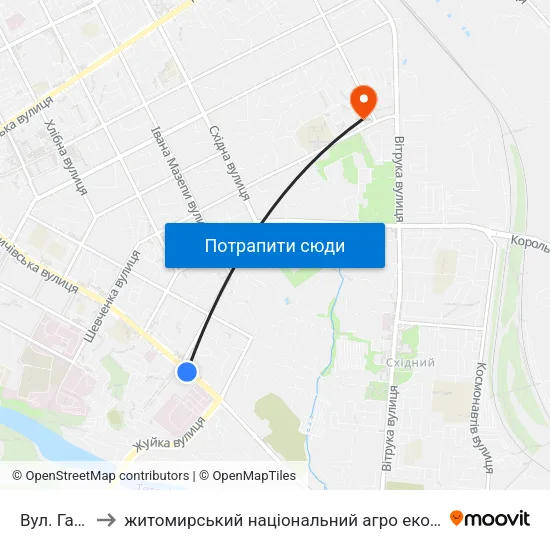 Вул. Гагаріна to житомирський національний агро екологічний університет map